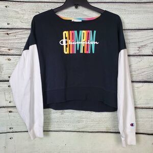 Champion Women’s Cropped Sweatshirt Size S Black White Colorblock Logo Pullover